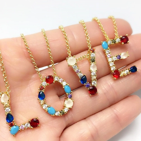 Necklace Copper 18K Gold Plated Colorful Cubic Zirconia Alphabet Initial Letter A-Z Boho Rainbow Fashion Jewelry