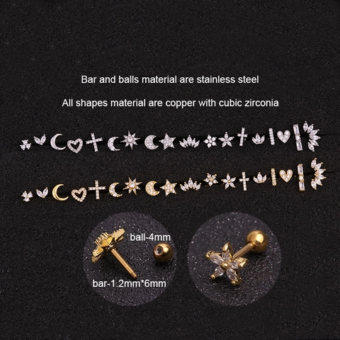 Ohrknorpel Piercing Stecker Aus Edelstahl Und Kupfer Mit Zirkonia Herz Stern Mond Piercing Schmuck Schraubverschluss
