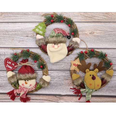 Ghirlanda Di Natale Anello In Rattan Decorazione Da Appendere Alla Porta Con Bambole Peluche Babbo Natale Pupazzo Di Neve Cartello