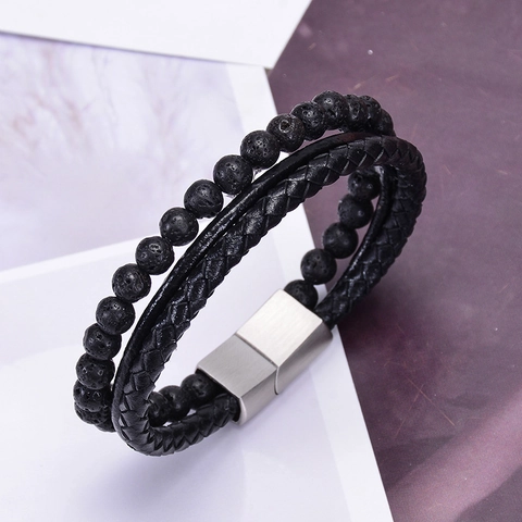Bracciale Multistrato Uomo Pietra Lavica Occhio Di Tigre Cuoio Intrecciato Acciaio Inox Chiusura Magnetica Rétro
