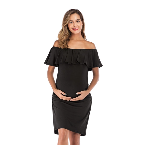 Off Shoulder Maternity Dress Ruffle Trim Side Ruching Bodycon Pregnancy Knit Dress For Women Plain Elegant