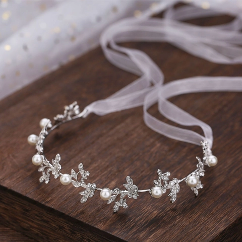Diadema De Novia Hecha A Mano Hoja De Aleación Rhinestone Perla Artificial Cinta De Pelo Suave Con Cinta Para Boda Accesorios Elegantes