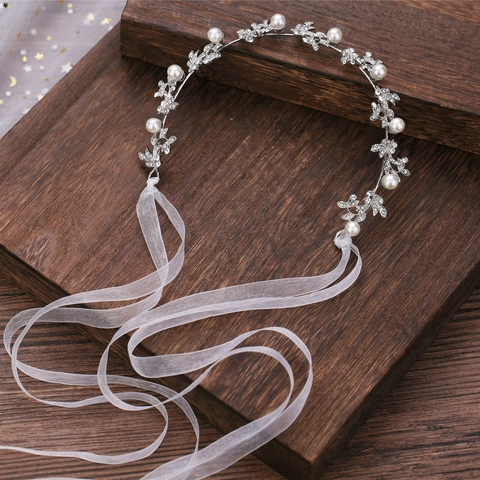 Diadema De Novia Hecha A Mano Hoja De Aleación Rhinestone Perla Artificial Cinta De Pelo Suave Con Cinta Para Boda Accesorios Elegantes