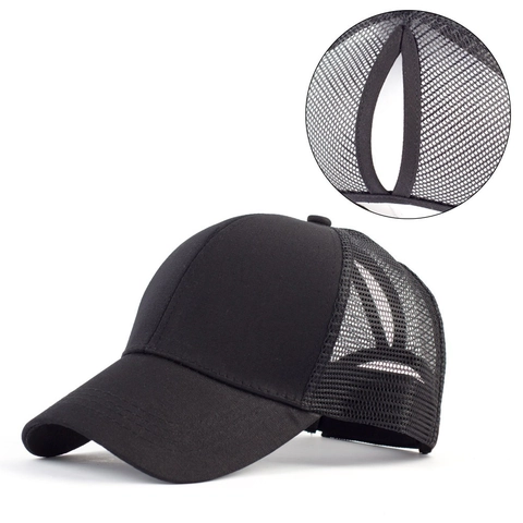 Casquette de Baseball en Maille pour Femme avec Trou Queue de Cheval Coton Respirant Trucker Hat Couleur Unie Camouflage Ajustable