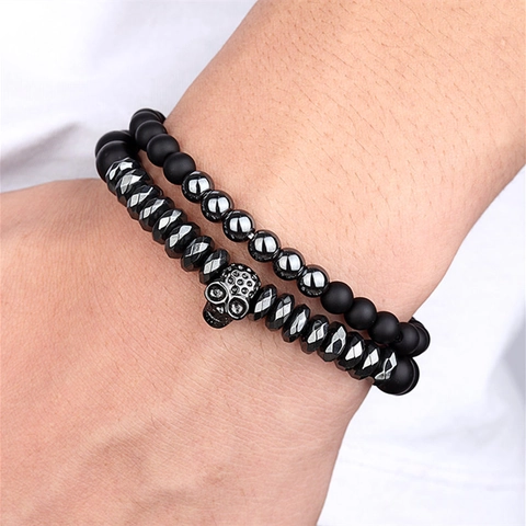 Bracelets En Pierre Naturelle Mate Tête De Mort Alliage Strass Style Gothique Punk Élastique Bijoux Pour Hommes Femmes