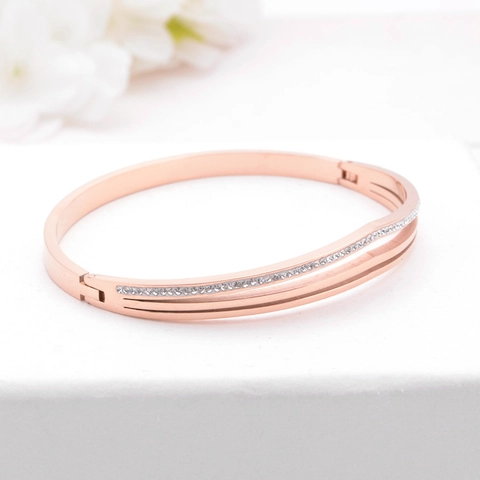 Roségoud Dubbellaagse Titanium Staal Bangle Armband Met Glinsterende Steentjes Minimalistische Mode Sieraden Voor Dames
