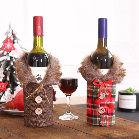 Christmas Wine Bottle Cover Cloth Faux Fur Collar Wood Button Plaid Herringbone Holiday Dining Table Decoration Decor