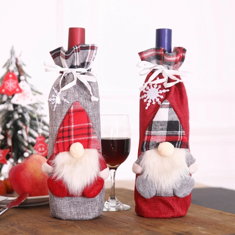 Copribottiglie Di Vino Gnomo Natale Tessuto Peluche Scozzese Decorazione Tomte Per Tavola Festa Bar Decorazione Nordica