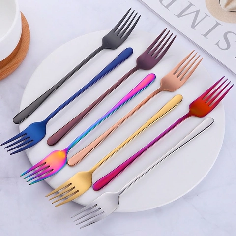 Stainless Steel Dinner Fork Long Handle Mirror Polished Colorful Korean Style Tableware For Home Restaurant Hotel