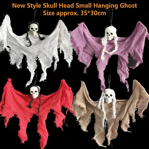 Halloween Hanging Skull Ghost Decoration Plastic Fabric Tattered Gauze Prop Haunted House Party Indoor Outdoor Accessory