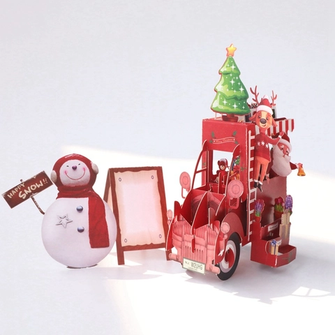 3D Pop-up Kerstkaart Rode Vrachtwagen Kerstman Rendier Papier Snijwerk Feestelijke Wenskaart