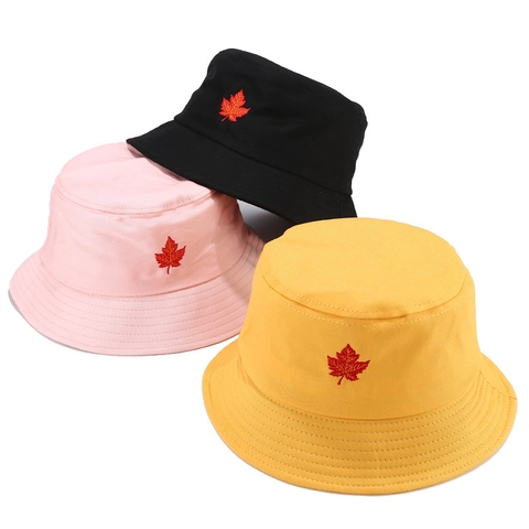 Bucket Hat Cotton Canvas Sun Protection Casual Maple Leaf Clover Embroidery Fisherman Cap For Women Men