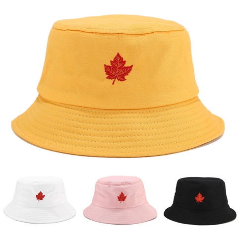 Bucket Hat Cotton Canvas Sun Protection Casual Maple Leaf Clover Embroidery Fisherman Cap For Women Men