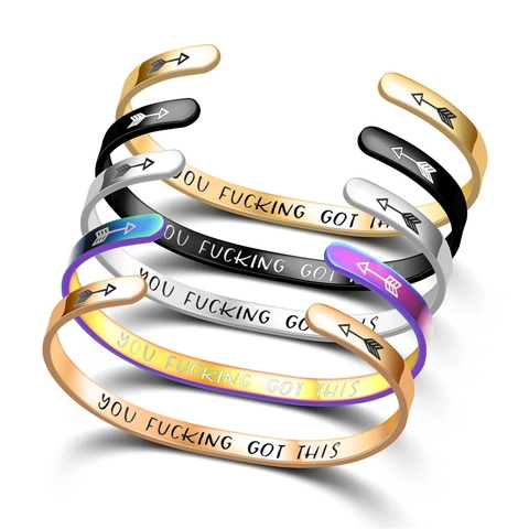 Stainless Steel Inspirational Cuff Bracelet Engraved Motivational Quote Arrow Open Bangle Women Men Jewelry Gift
