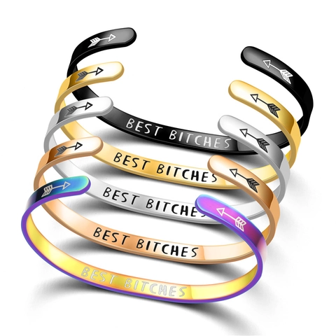 Bracciale Rigido Aperto Minimalista in Acciaio Inossidabile per Donna Uomo Inciso Best Bitches Lettera a Forma di C Regolabile Bracciale di Coppia Gioielli di Moda