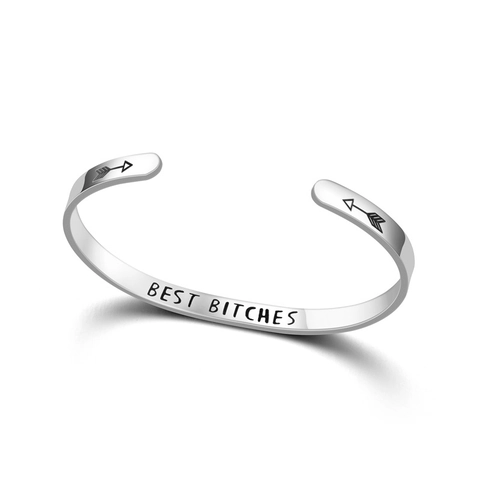 Bracciale Rigido Aperto Minimalista in Acciaio Inossidabile per Donna Uomo Inciso Best Bitches Lettera a Forma di C Regolabile Bracciale di Coppia Gioielli di Moda