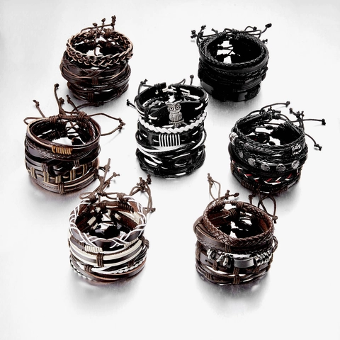 Set di Braccialetti in Pelle Intrecciata Vintage da Uomo Ciondolo Gufo a Forma di Piuma in Lega Corda di Cera Bracciale Multistrato