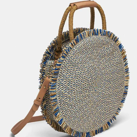 Round Straw Woven Crossbody Bag With Tassels PU Leather Strap Paper Summer Beach Boho Shoulder Bag For Women