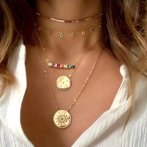 Rainbow Colorful Zircon Tennis Necklace Copper 18K Gold Plated Minimalist Geometric Choker For Women