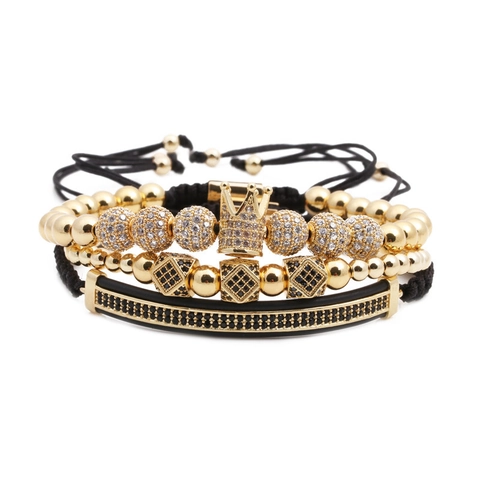 Bracelet Couronne Ajustable Perles Cuivre Micro Pavé Zircone Cube Géométrique Corde Tressée Bijoux Hip Hop Homme