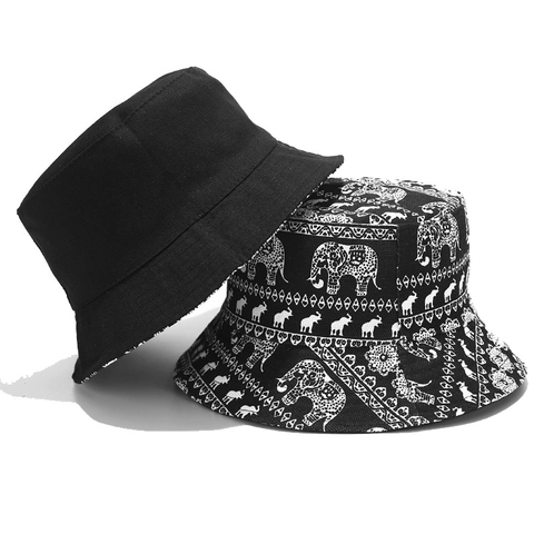Ethnic Elephant Print Canvas Bucket Hat Reversible Sun Shade Summer Casual Fisherman Hat Double Sided Wear Basin Hat For Women Men
