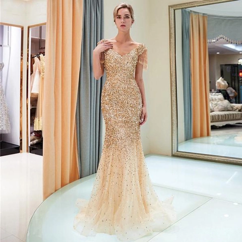 Abito Da Sera Con Paillettes Da Donna Oro Scollo A V Nappa Sirena Maglia Vestito Da Gran Galà Elegante Lusso