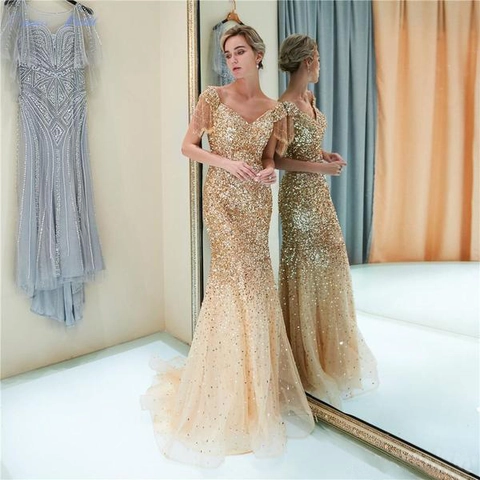 Abito Da Sera Con Paillettes Da Donna Oro Scollo A V Nappa Sirena Maglia Vestito Da Gran Galà Elegante Lusso
