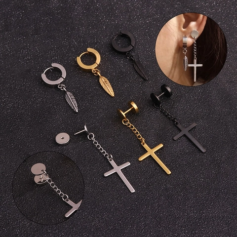 Orecchini In Acciaio Inossidabile Croce Piuma Minimalista Cartilagine Borchie Cerchio Gioielli Piercing Per Uomo Donna