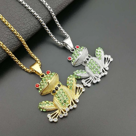 Frog Pendant Necklace Stainless Steel Hip Hop Jewelry With Green Red Rhinestones Animal Fashion For Men Women