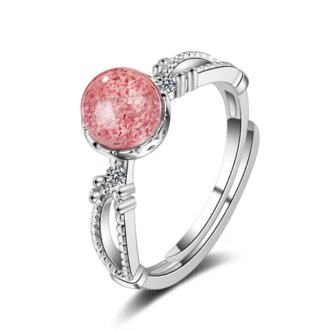 Minimalist Adjustable Alloy Crystal Ring For Women Round Pink Strawberry Crystal Grey Moonstone Rhinestone Inlaid Fashion Finger Ring