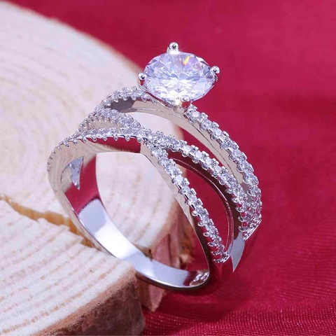 Geometric Double Layer X Shaped Copper Ring With Round Cubic Zirconia Inlaid Cross Band For Women Fashion