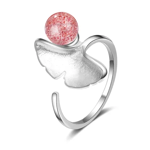Vintage Eleganter Ginkgo Blatt Offener Ring Für Damen Rosa Stein Eingelegt Versilbert Kupfer Verstellbarer Fingerring Schmuck