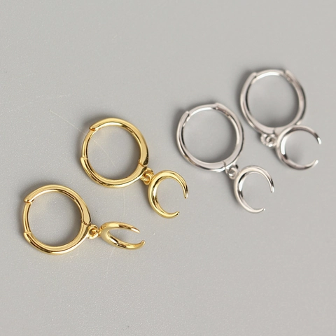 Crescent Moon Pendant Hoop Earrings 925 Sterling Silver Dainty Minimalist Geometric Huggie Jewelry For Women