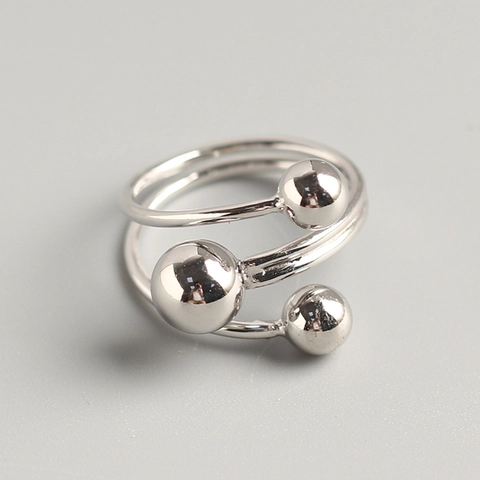 925 Sterling Silber Ring Minimalistisch Gewickelte Linie Mehrlagig Geometrisch Drei Kugeln Verstellbar Fingerschmuck Damen