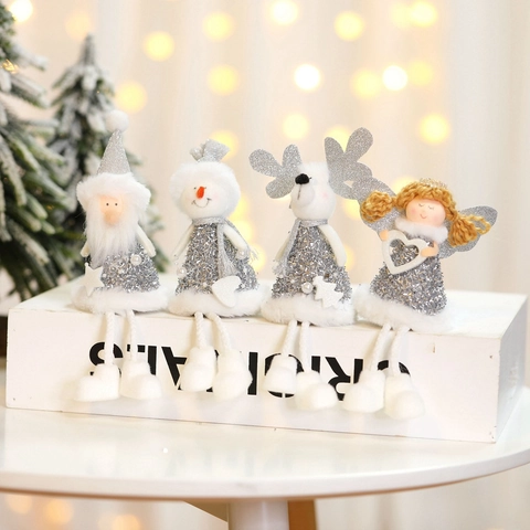 Christmas Doll Ornaments Silver Sequin Plush Santa Snowman Reindeer Angel Figurines For Festive Tabletop Home Party Decor