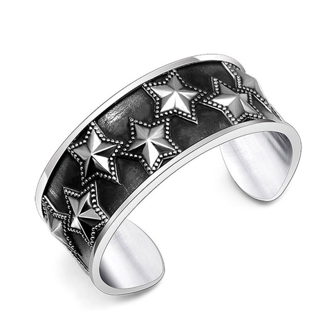 Men Retro Punk Wide Open Bangle 316L Stainless Steel Five Pointed Star Engraved Oxidized Vintage Style Jewelry