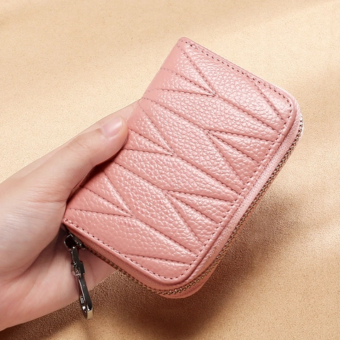 Porta Carte In Vera Pelle Blocco RFID Donna Cerniera Fisarmonica Custodia Per Carte Portafoglio Trapuntato
