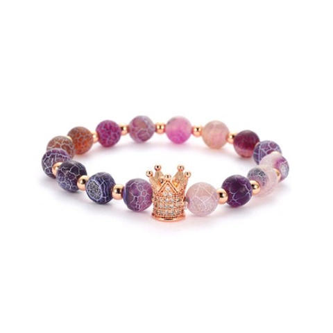 Bracciale Perline Corona in Rame con Zirconia Micro Pave Pietra Naturale Regolabile Elastico Donna Uomo Gioielli Vintage