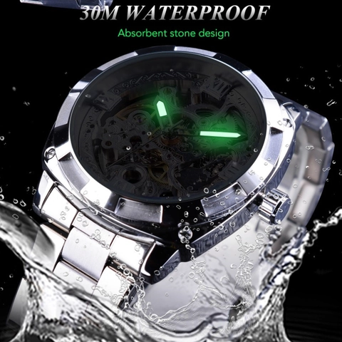 Forsining Men Automatic Mechanical Watch Skeleton Hollow Dial Stainless Steel Luminous Waterproof Luxury Fashion Wristwatch
