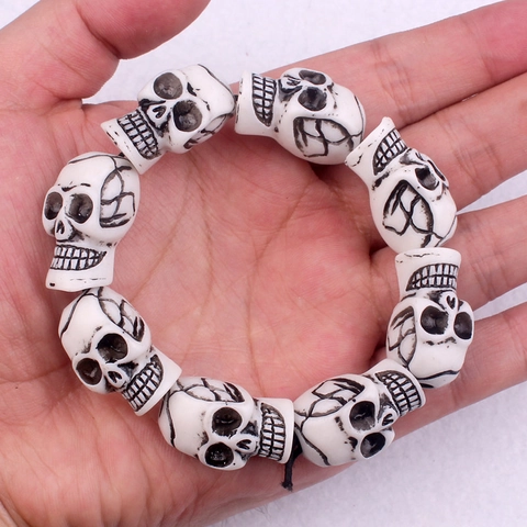 Skull Bead Bracelet Carved Resin Simulated Bone Punk Hip Hop Elastic Cord Retro Gothic Jewelry For Men Women