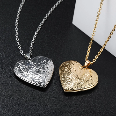 Vintage Alloy Heart Locket Necklace Engraved Flower Photo Frame Pendant Gold Silver Necklace For Women Fashion DIY Jewelry