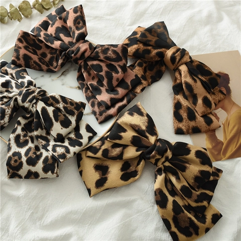 Large Leopard Print Bow Hair Clip Satin Fabric Fashion Barrette Spring Clip Hair Accessories For Women Retro Style