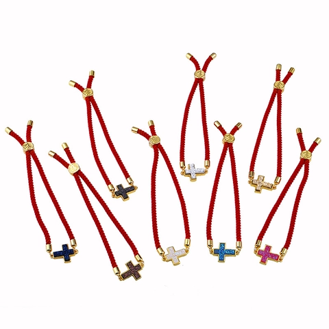 Bracciale Croce Corda Intrecciata Regolabile Chiusura Scorrevole Gioielli Religiosi Lega Strass Luccicanti Moda Donna Uomo