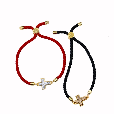 Bracciale Croce Corda Intrecciata Regolabile Chiusura Scorrevole Gioielli Religiosi Lega Strass Luccicanti Moda Donna Uomo