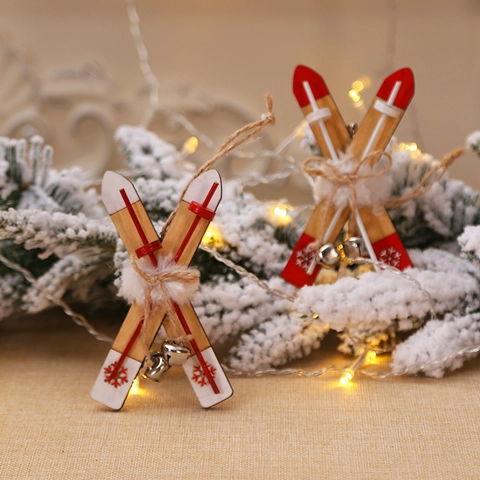 Wooden Ski Sled Ornaments Wood Hemp Rope Metal Bell Faux Fur Christmas Tree Hanging Decoration Nordic Winter Style