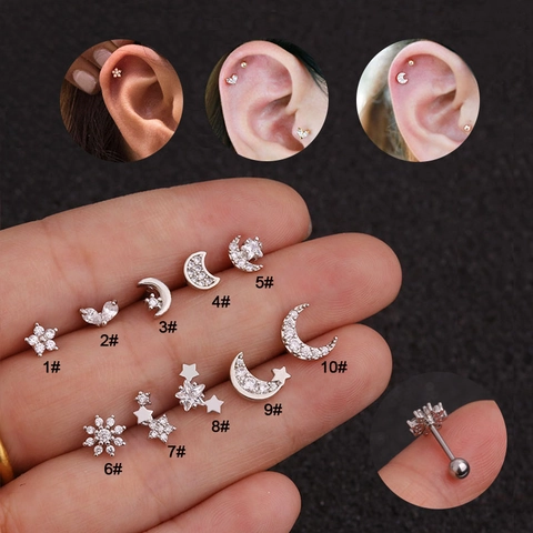 Piercing Earring Ear Cartilage Stud Copper Cubic Zirconia Stainless Steel Flower Star Moon Heart Shape Screw Back Jewelry