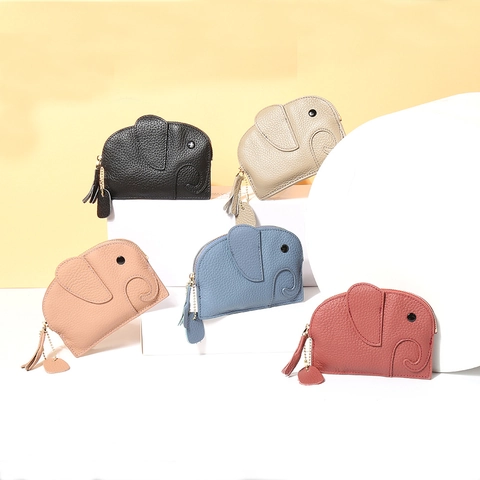 Elephant Coin Purse Genuine Leather Mini Animal Shape Key Case Wallet For Women Girls With Keychain Tassel Lychee Pattern