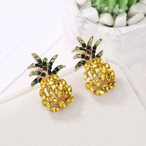 Pineapple Stud Earrings Gold Plated Alloy With Yellow And Green Rhinestone Tropical Fruit Style Jewelry For Women