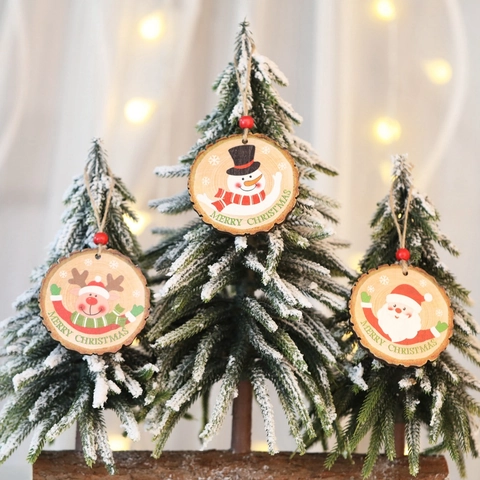 Christmas Hanging Ornaments Round Wood Slice Natural Bark Edge Painted Santa Snowman Reindeer Holiday Tree Decoration
