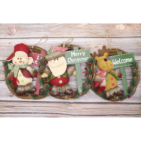 Ghirlanda Di Natale Anello In Rattan Decorazione Da Appendere Alla Porta Con Bambole Peluche Babbo Natale Pupazzo Di Neve Cartello